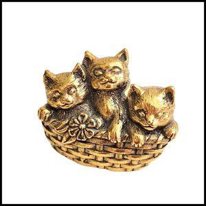 Vintage Avon Cats in a Basket Lapel Tac Pin Brooch Flower 3 Kittens Gold Tone